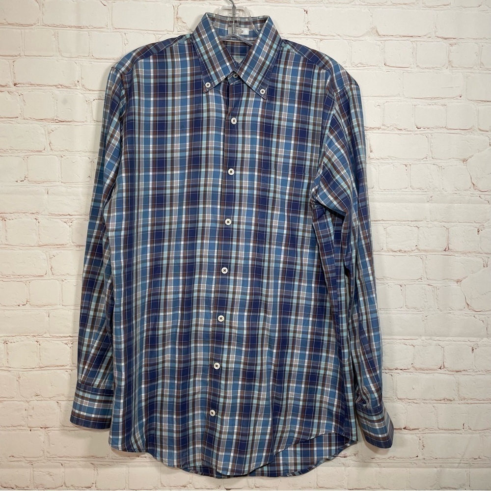 Peter Millar Crown Plaid Long Sleeve Button Up Shirt Blue Mens Size Small Blue